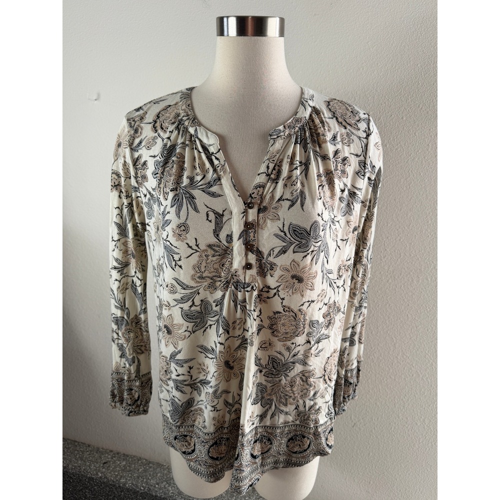 Lucky Brand Womens Medium Cream Paisley Floral Long Sleeve Viscose Top Boho